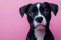 Black and white puppy with expressive blue eyes and floppy ears looking directly at camera against pink background, close-up portrait showing innocent expression.