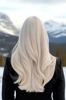 Woman with long platinum blonde wavy hair wearing black coat against snowy mountain landscape background, showcasing modern hair coloring and styling techniques.