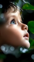 Close-up portrait of young child with bright blue eyes gazing upward against blurred green foliage background, soft natural lighting creates dreamy atmosphere.