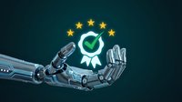 Robotic hand holding a glowing quality badge with green checkmark and gold stars, symbolizing AI-driven excellence and certification.