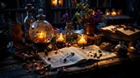Mystical alchemy laboratory with glowing potions, ancient spell books, candles and magical herbs creating enchanting witchcraft atmosphere for fantasy themes.