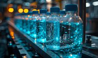 Plastic water bottles on production line with glowing industrial beverage manufacturing process in modern factory setting.