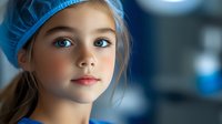 Young Caucasian girl in medical scrub cap with bright blue eyes and gentle expression against blurred hospital background, representing future healthcare aspirations.