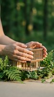 Hands protecting wooden house model surrounded by green ferns symbolizing eco-friendly architecture and sustainable real estate development.