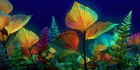 Vibrant tropical leaves and ferns in rainbow colors against deep blue background. Fantasy botanical art for creative projects and nature designs.