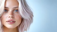 Young woman with platinum blonde hair, natural freckles, and bright blue eyes against light blue background, soft beauty portrait showcasing natural makeup and glowing skin.