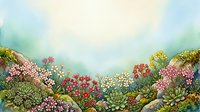 Watercolor alpine garden with colorful wildflowers, succulents, and rocks under a soft pastel sky, offering ample copy space for text.