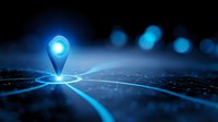 Glowing blue location pin marker on digital network grid with bokeh lights background for GPS navigation and mapping technology applications.