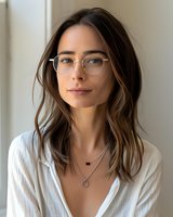 Young Caucasian woman with glasses and wavy brown hair wearing white shirt and silver necklace looking at camera with gentle smile against light background.