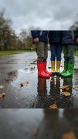 Children wearing colorful rain boots standing in puddle during autumn rainfall, splashing in water with fallen leaves scattered around on wet ground outdoors.