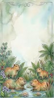 Watercolor capybara family in tropical jungle setting with palm leaves and flowers creating natural frame for text or design elements.