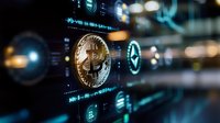 Golden cryptocurrency coin against digital market data display with glowing blue symbols and numbers. Modern financial technology concept.