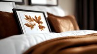 Framed autumn maple leaf on white bedding with brown accents creates cozy bedroom atmosphere. Natural light adds soft shadows and depth to minimalist decor.