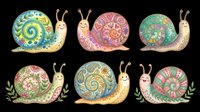 Colorful ornamental snails set with decorative patterned shells, isolated on transparent background. Great for stickers, clipart, t-shirt design, and print on demand.