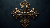 Ornate golden baroque cross with intricate scrollwork and decorative flourishes on dark background for religious and vintage design projects.