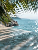 Tropical seascape with palm fronds framing turquoise water and rocky coastline, sun sparkling on gentle waves creating serene vacation atmosphere.