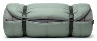 Olive green sleeping bag rolled and compressed with dark straps, suitable for camping, outdoor adventures, travel gear, and hiking equipment storage.