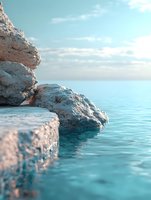 Tranquil coastal scene with rocky cliffs meeting turquoise ocean waters under soft cloudy sky, creating serene natural minimalist composition in pastel tones.