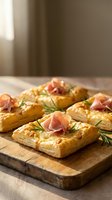 Golden puff pastry squares topped with prosciutto and fresh rosemary on rustic wooden board, gourmet appetizers for entertaining and special occasions.