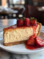 Creamy cheesecake slice topped with fresh strawberries and strawberry sauce on white plate, restaurant setting with blurred background. Homemade dessert photography.