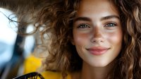 Young woman with natural freckles and curly brown hair smiling warmly at camera, radiating genuine happiness and confidence against soft blurred background.