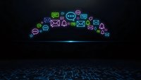 Digital communication icons floating above futuristic grid surface with neon glow effects for technology and networking concepts.