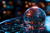 Glowing crystal ball with digital circuit patterns reflecting futuristic technology concept against blurred bokeh background.