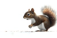 Red squirrel isolated on white background in profile view showing detailed fur texture and distinctive bushy tail, suitable for nature publications and wildlife designs.