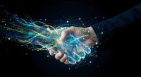 Digital handshake with glowing network connections and data streams representing business partnership, technology collaboration and cyber communication.
