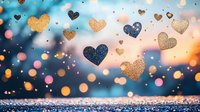 Glittering gold and navy hearts float against dreamy bokeh background with soft pink and blue tones, creating romantic atmosphere for Valentine's Day designs.