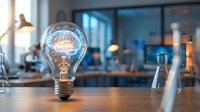 Light bulb with glowing brain inside on laboratory table representing innovation, creativity and scientific research in modern lab setting.