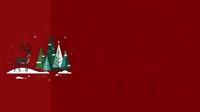 Reindeer pulling sleigh near evergreen trees with snow on deep red background, isolated design element for holiday cards, invitations, and seasonal marketing materials.