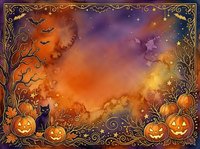 Watercolor Halloween frame with jack-o-lanterns, black cat, bats, and spooky tree on orange and purple background for seasonal design.
