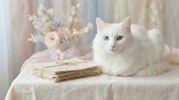 White fluffy cat with blue eyes lying next to vintage books on cream fabric with dried flowers in soft natural light for home decor and cozy reading concepts.