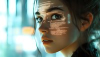 Young Asian woman with digital code projection on face in futuristic environment, representing artificial intelligence and technological advancement in modern society.