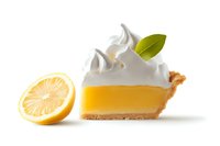 Slice of lemon meringue pie with whipped cream topping and fresh citrus garnish on white background, isolated dessert for menu, cookbook and food photography.