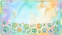 Watercolor border with colorful paw prints and floral elements on soft pastel background. Isolated design element suitable for pet-related projects, greeting cards, and animal-themed compositions.