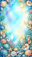 Watercolor ocean frame with seashells, starfish, coral and marine life border on blue gradient background for summer designs and coastal themed projects.