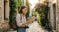 Young woman tourist with backpack reading map while exploring charming cobblestone street in historic Mediterranean village with stone buildings and flowers.