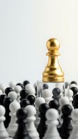 Golden chess pawn standing on transparent pedestal above crowd of black and white pawns symbolizing leadership, success, and standing out from competition.