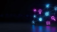 Digital marketing network with glowing icons connected by lines on dark background for business technology presentations and web design concepts.