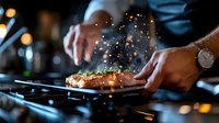 Fresh salmon fillet being seasoned with spices and herbs in professional kitchen, with dramatic lighting and flying seasonings creating magical cooking atmosphere.