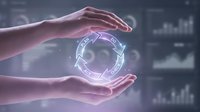 Hands holding glowing digital gear symbol with neon light effect, representing technology innovation, business growth, and digital transformation in modern corporate environment.