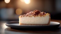 Creamy vanilla cheesecake slice topped with caramelized pecans on dark plate against blurred warm lights background, dessert photography for restaurant menu.