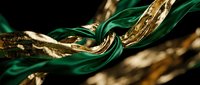 Luxurious gold chain intertwined with emerald green silk ribbon on dark background, symbolizing wealth, elegance and premium quality for luxury branding and high-end design projects.