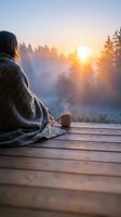 Woman in cozy sweater enjoying morning coffee on wooden deck watching sunrise over misty forest landscape creating peaceful autumn atmosphere.