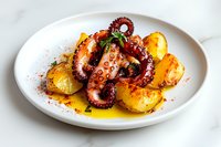 Grilled octopus tentacles served with golden roasted potatoes on white ceramic plate, garnished with herbs and paprika, against marble background.