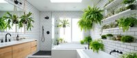 Modern bathroom interior with lush green plants, white subway tiles, wooden vanity, freestanding bathtub and natural light creating spa-like atmosphere.