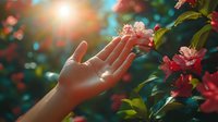 Female hand gently reaching towards pink and red flowers in sunlit garden, creating magical atmosphere with bokeh effect and warm sunlight streaming through petals.