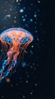 Luminous jellyfish floating in dark ocean water with glowing tentacles and bokeh light effects creating magical underwater atmosphere for marine biology content.